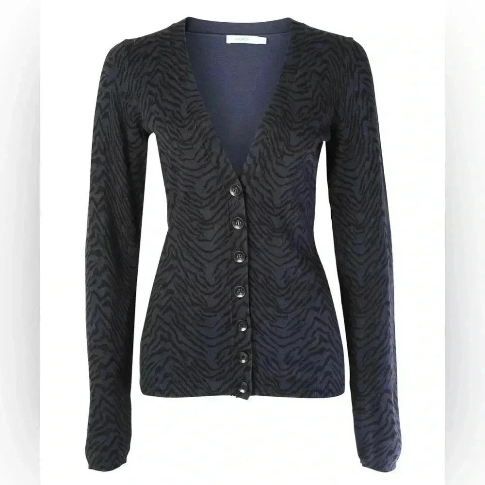 Ricki’s Cardigan V-Neck Button Front Fitted Blue & Black Zebra  Animal Print XS